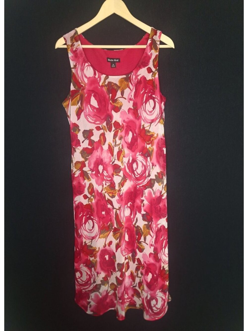 💙 Dana Kay Pink Floral Rose Print Sleeveless Midi Dress Size 16 Scoop Neck Stre